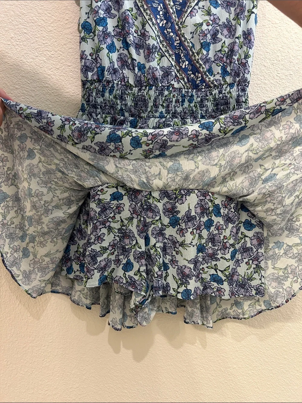 Alice + Olivia Blue and Purple Floral V-Neck Mini Dress with shorts inside - Picture 4 of 5